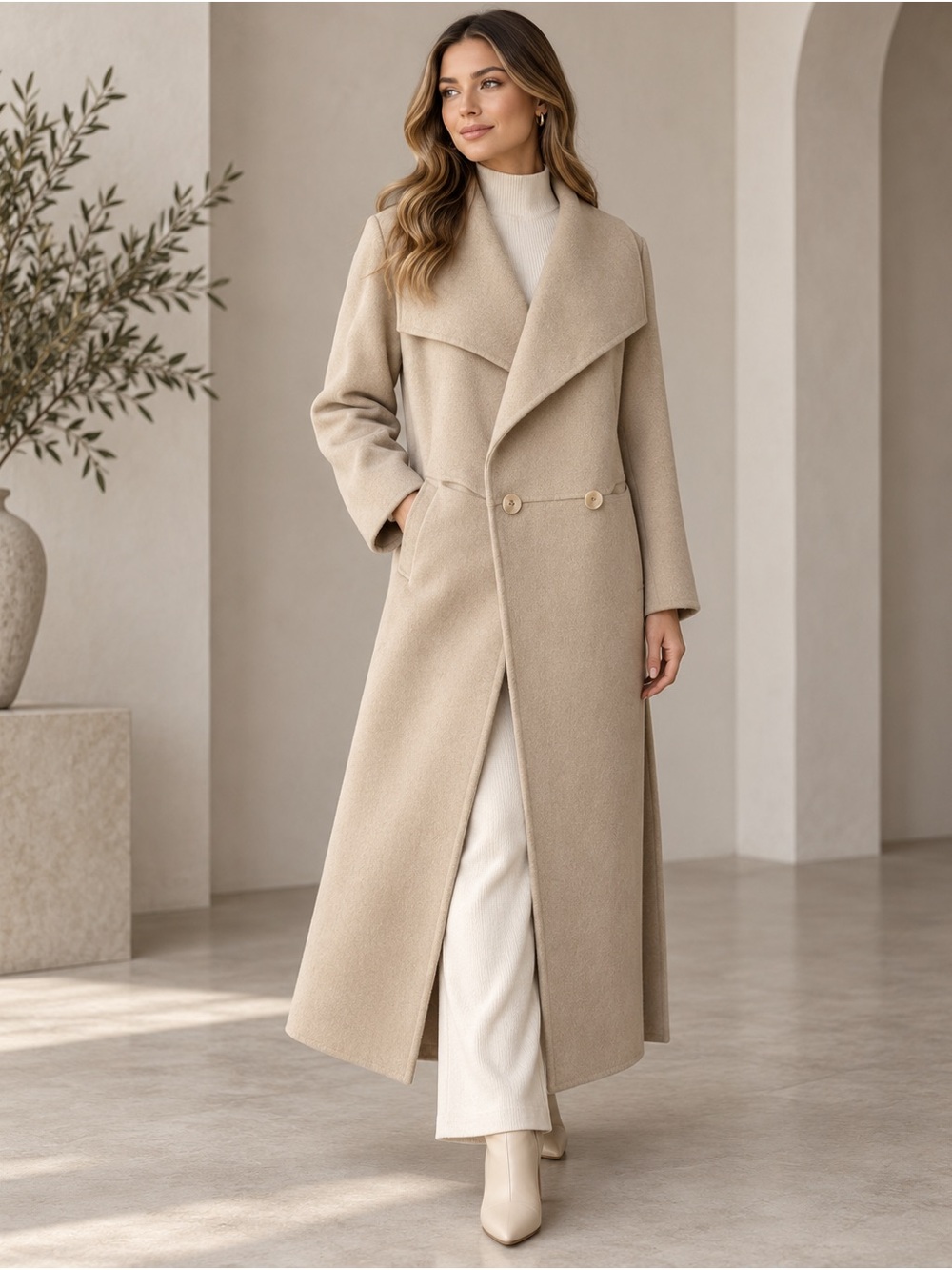 RUTI 100% Wool Oversized Long Coat with Draped Collar Minimalist Lagenlook